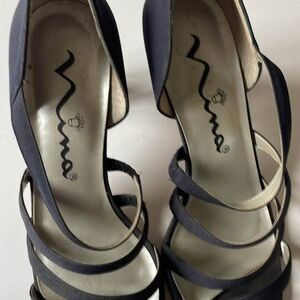 Nina Navy Strappy Leather and Satin 3.5 inch Sandals, Size 8.5M